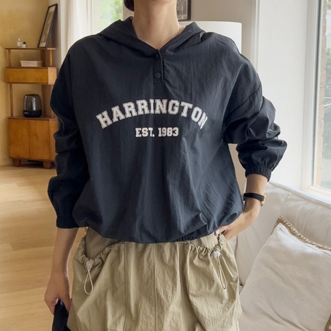 해링톤 후드티셔츠)나일론면 나일론후드티셔츠 모자티셔츠 영문나염 똑딱이단추 밑단시보리 시보리소매 루즈핏 박스후드티셔츠