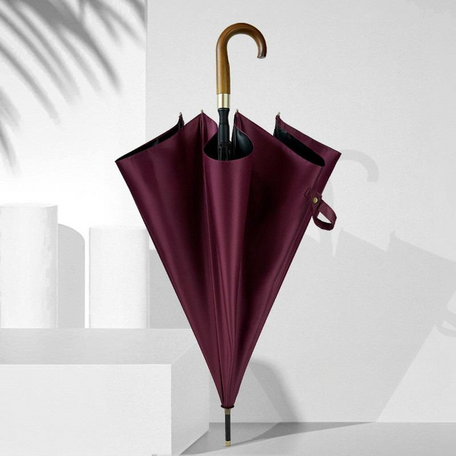 고급 골프용 대형 장우산 남성 비즈니스용 UV차단 튼튼한 방풍 나무 손잡이 세련된 스타일 답례품용 고품격 선물용품, 27인치 굽은 손잡이 고동 와인 레드