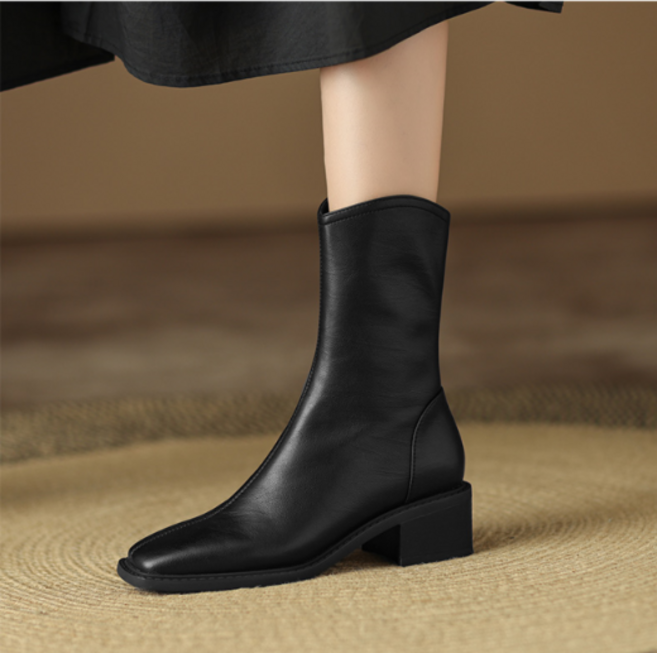 소가죽 미들부츠 여성 빈티지 미들굽 스퀘어 소프트 레더 미들부츠 4.5cm