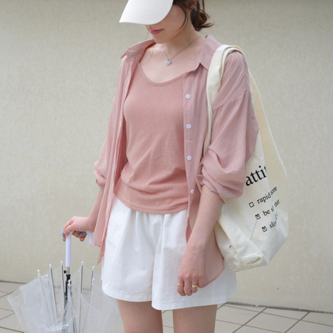 데일리앤 살롱 여성 여름 시스루 셔츠 블라우스 린넨 나시 투피스 세트