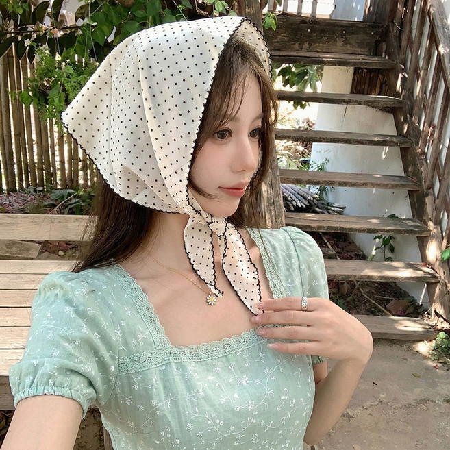 여성 도트 땡땡이 쁘띠 레이스 엣지 여성 두건 스카프 반다나 헤어 봄 여름 데일리 꾸안꾸 머리두건