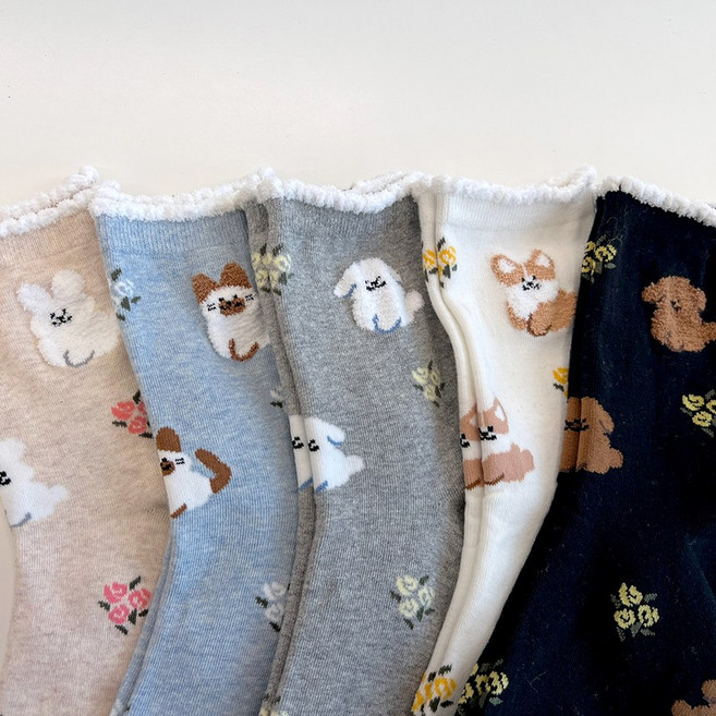 아트삭스 여성 귀여운 캐릭터 프릴 레이스 동물 중목양말 5켤레 세트