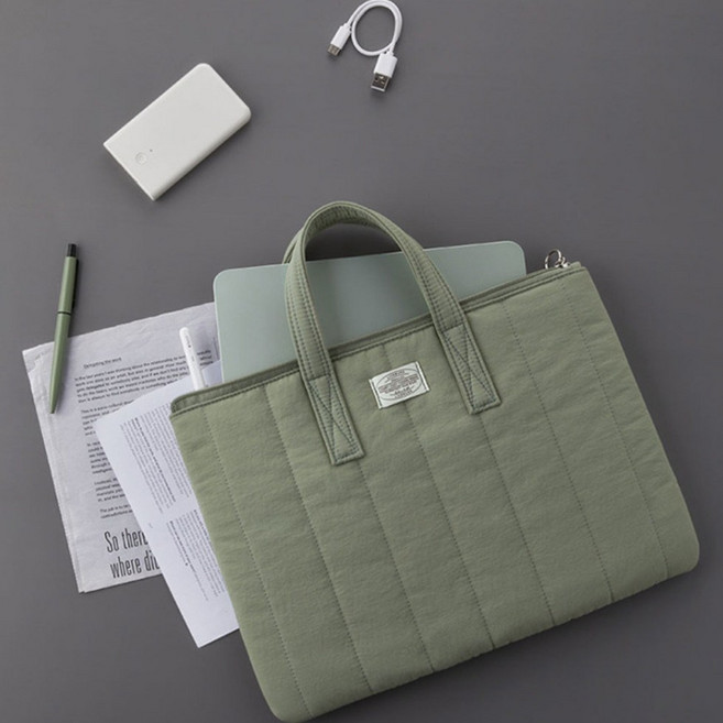韓版太空棉手提電腦包 Macbook Air M1/M2 Pro 13吋 iPad 11吋, 1個, 芥綠,13-14寸（橫式）, 芥綠