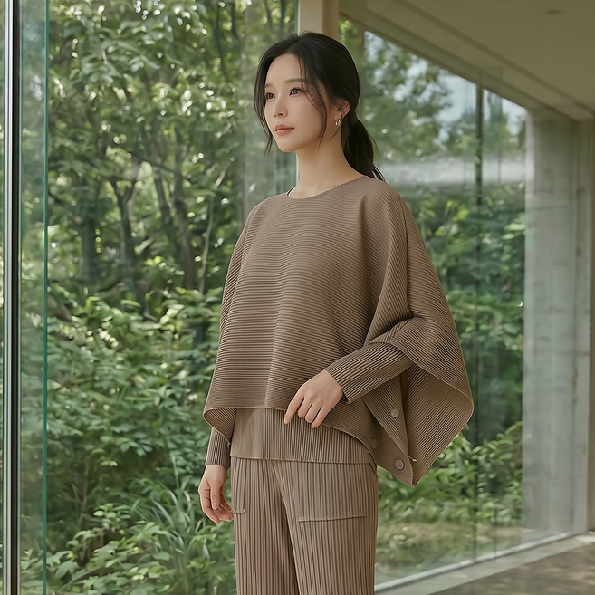 내추럴 플로잉 플리츠 블라우스 망토 베스트 SET