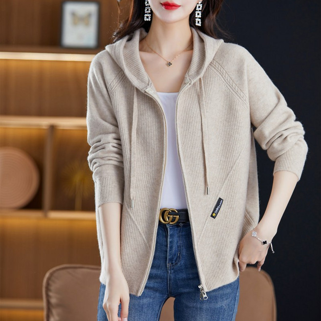 Asure 여자 후드 니트 카디건 긴팔 춘추 루즈핏 긴팔 스웨터 재킷
