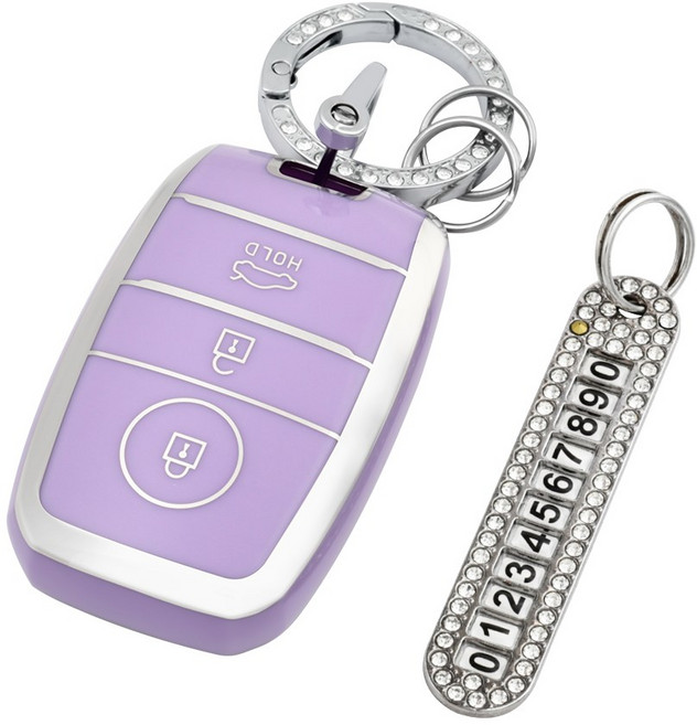 OFFCURVE TPU 기아 자동차 엣지라인 3버튼 모닝 레이 풀커버 스마트키 적용 키케이스 키홀터 +열쇠고리+번호판 다양한 컬러, 퍼플 실버+열쇠고리+번호판