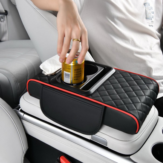 자동차 팔걸이 쿠션 콘솔박스 틈새 수납함 컵홀더, 1개, 블랙&레드파이핑