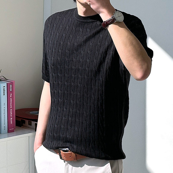 핏콕 남성용 여름 케이블 라운드 꽈배기 니트 반팔 티셔츠