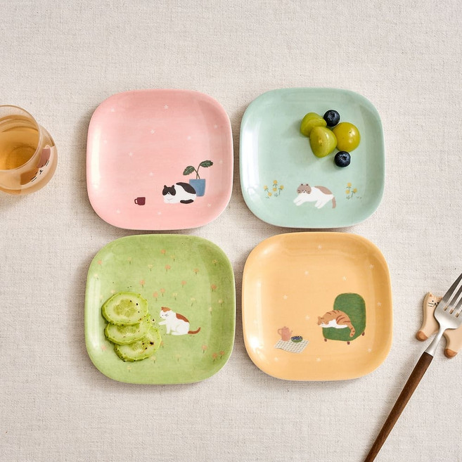 모던하우스 [린넨] 우리집뚱냥이 간식 트레이 4P세트 NK2626007, 뚱냥이