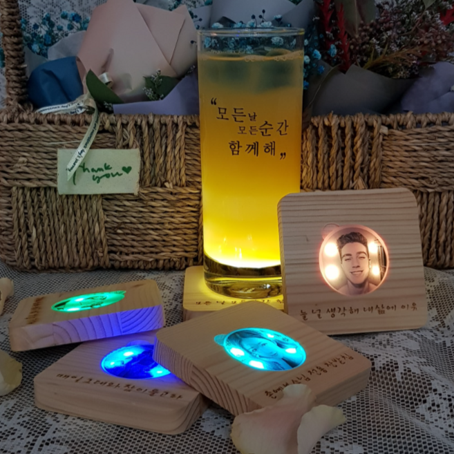 LED하이볼 칵테일 위스키 잔받침 우드코스터 1+1세트, 1개, 다크우드10cm1+1세트