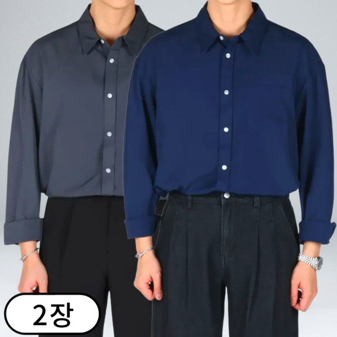 [1+1] 남자 링클프리 스판 오버핏 긴팔 셔츠 M-5XL (6711-2)