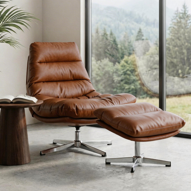 다야레인 리클라이너 고급가죽 무중력 360도회전 라운지 1인용쇼파 스툴포함, 브라운 가죽