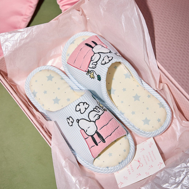 러블리 파자마 스누피 체크 일자 홈슬리퍼 실내화, 1개, 블루 슬리퍼