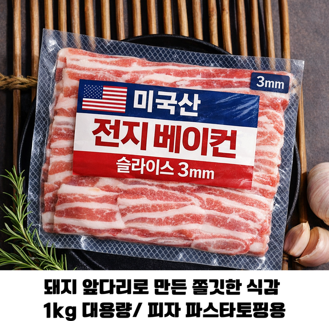 미국산 베이컨 S-FOOD 전지 베이컨 3mm 슬라이스 1kg 1개 2개/ 피자용 파스타토핑용 베이커리재료용 가정용 업소용, 2개