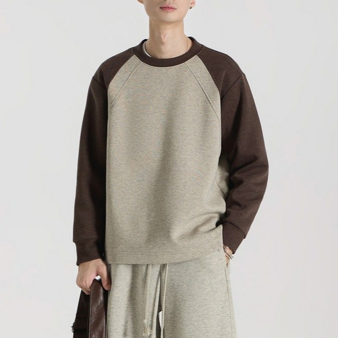 Makone 남성 라운드넥 라글란소매 긴팔 티셔츠 투톤 배색 심플 데일리 맨투맨