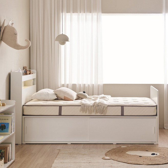 윌코 윌로우 솜솜 가로 1125 세로 2370 LED조명 슬라이딩 수납 침대, 화이트