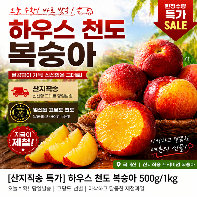 [수확당일출고 타임특가] 초특가할인 하우스천도복숭아 1박스 1kg, 1개, 500g