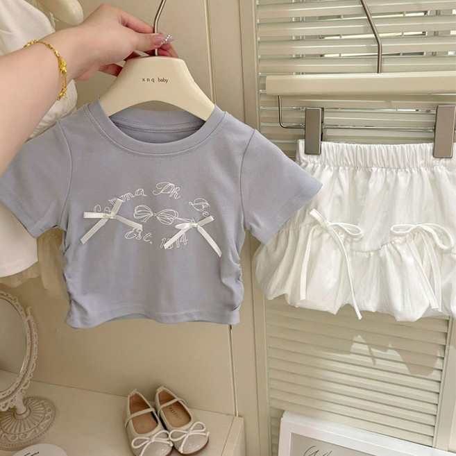 우주슈 라운드 크롭 티셔츠 리본 자수 더블 리본 벌룬 스커트세트