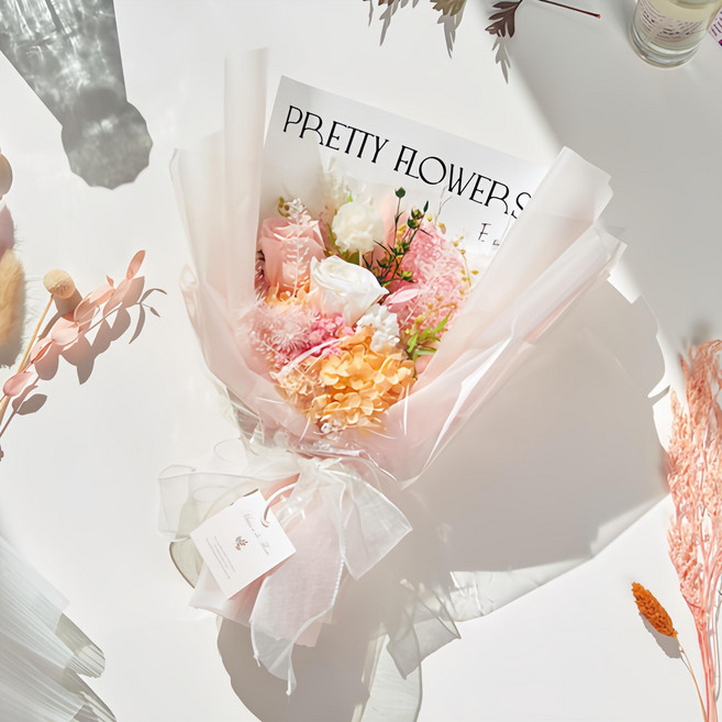 메종드플로레 시들지 않는 생화 프리저브드 플라워 꽃다발 + 쇼핑백, 핑크베이지