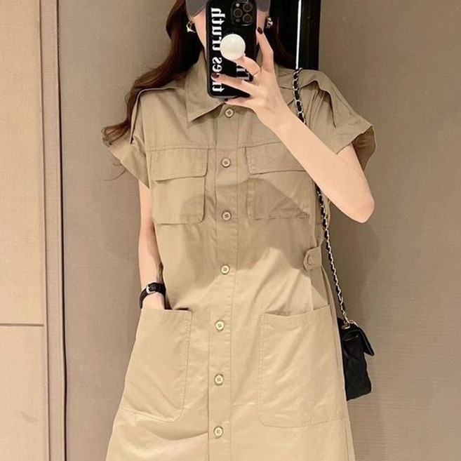 BOONINT 여성 원피스 카고원피스 셔츠원피스 카라넥 반팔 포켓 단추 심플 h라인 심플 패션 캐쥬얼 루즈핏 오버핏 빅사이즈 BN062424, 카키색