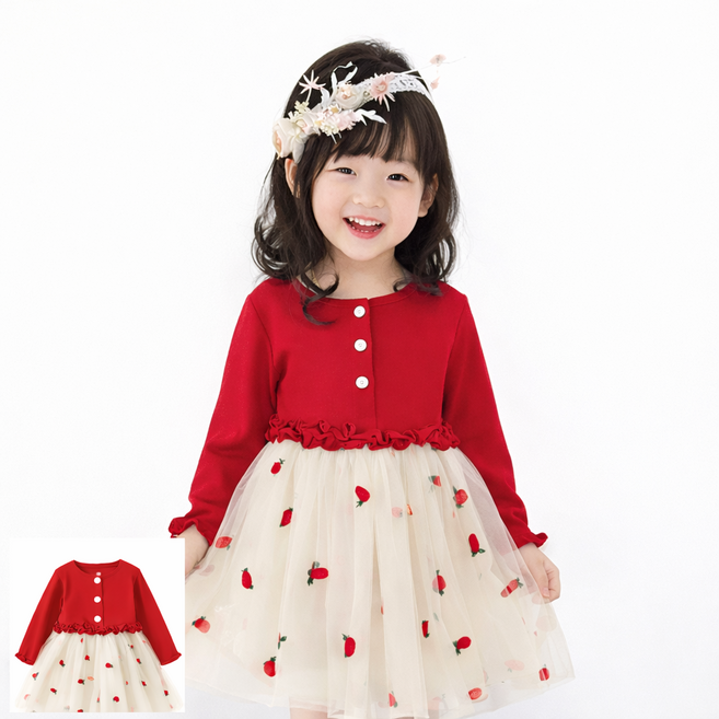 유아 여아 샤원피스 딸기원피스 버튼프릴 공주원피스 망사원피스 봄원피스 가을원피스 키즈드레스