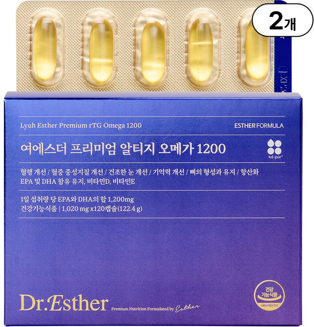 본사직영 여에스더 프리미엄 알티지 오메가 1200 l 1박스 2개월분 l 4중 기능성 오메가3에 지용성 비타민까지 l, 2개, 120정