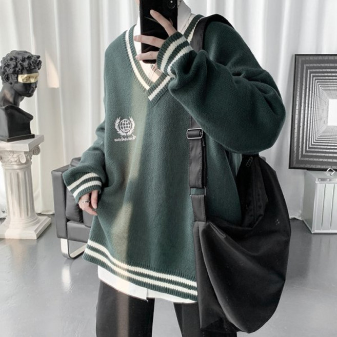 100900 남자오버핏니트 대비색상 프레픽룩 V넥스웨터 남성패션 오버사이즈 빅맨 루즈핏 니트 가을 외투스커트