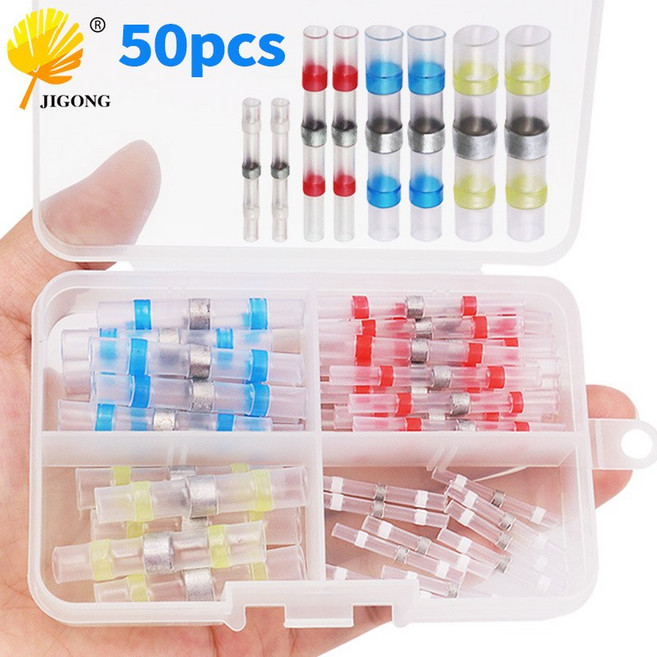 JIGONG 熱縮端子焊錫環接線端子防水組合套裝, 1個, 50只盒裝（白10紅23藍12黃5）