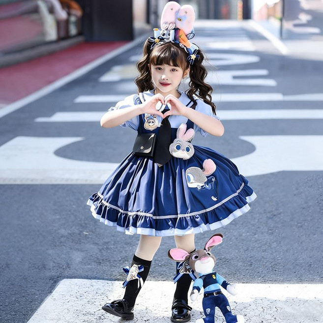 女童洛麗塔公主裙 瘋狂動物城 朱迪警官兔子 卡通生日禮服裙, 1個, 朱迪【短袖】【5配件腰帶包尾巴兔子掛件領帶】100
