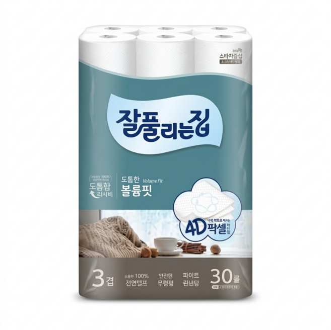 잘풀리는집 도톰한 볼륨핏 린넨향 천연펄프 3겹 화장지, 1세트, 30개입