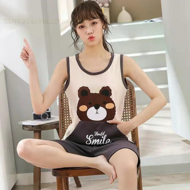 남성용 여름 니트 코튼 만화 오리 잠옷 세트 수면 및 라운지 민소매 반바지 커플 패션 홈웨어