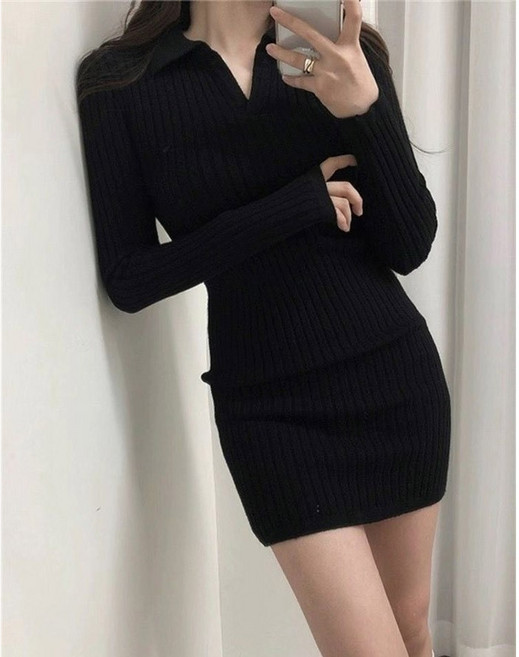 SISI POLO領長袖針織連衣裙, 黑