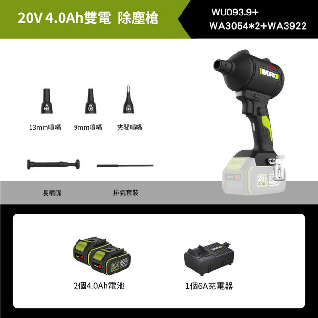 WORX 20V 4.0Ah 雙電 除塵槍, 1個