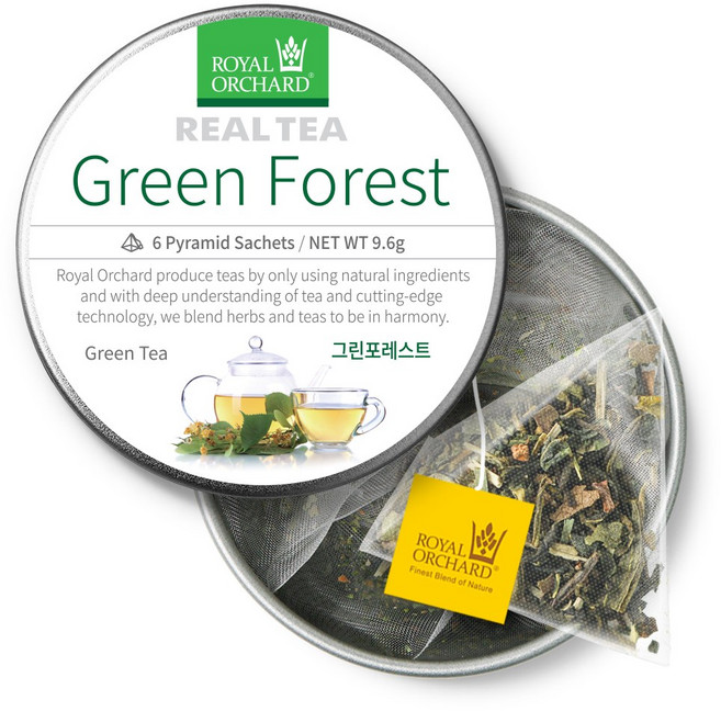 로얄오차드 그린포레스트 6티백 캔 녹차 블렌딩 차 삼각티백 허브티, 1개, 6개입, 1.6g