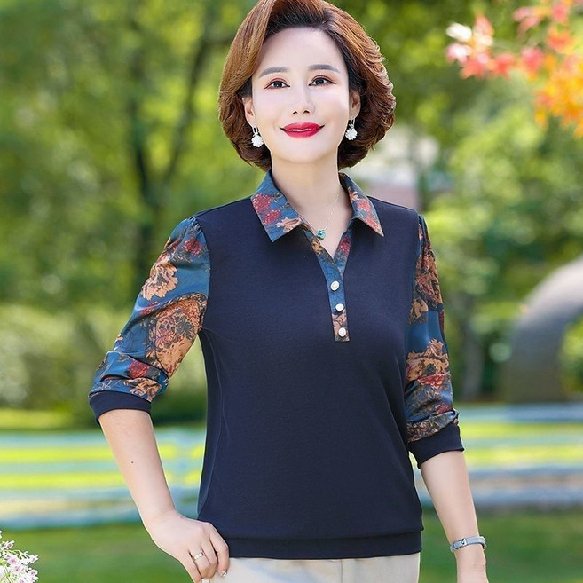 COSYEVNO 중년 엄마 블라우스 가을 빅사이즈 루즈핏 페이크 투피스 긴팔 상의 40-50대 엄마옷 CXJxfs-10