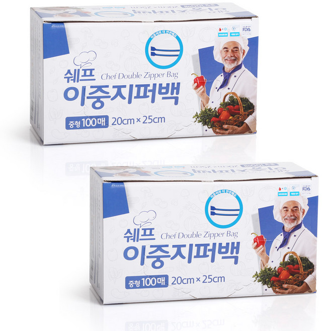 쉐프 대용량 이중 지퍼백, 2개, 중(M), 100개입