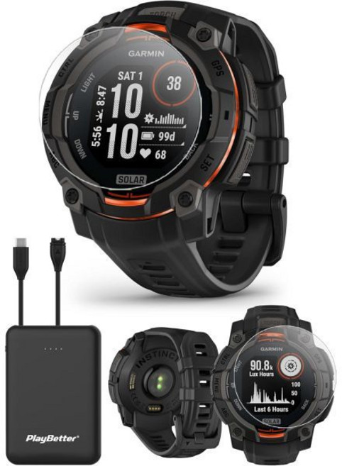 가민 인스팅트 3 솔라 45mm 블랙 견고한 아웃도어 GPS 스마트워치 번들 - 메탈 베젤 내장 플래시라이트 무제한 배터리 수명 플레이베터 휴대용 충전기 및 HD 화면 보호필름, Black, Instinct 3 Solar - 45 mm