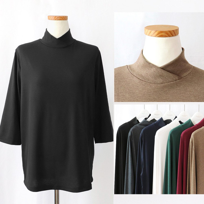 지오벤투 여성 튤립 반목 7부 티셔츠 부드러운 브이 터틀넥 무지티 봄가을 목폴라 칠부티