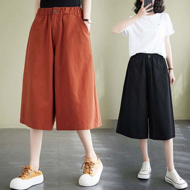 AOKADA 여성용 키작녀 바지 와이드팬츠 올밴딩 와이드핏 7부 치마바지