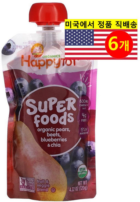 Happy Family Organics 12개월 이상 유아용 4단계 오가닉 과일 곡물 채소 퓨레 이유식 120g 6개