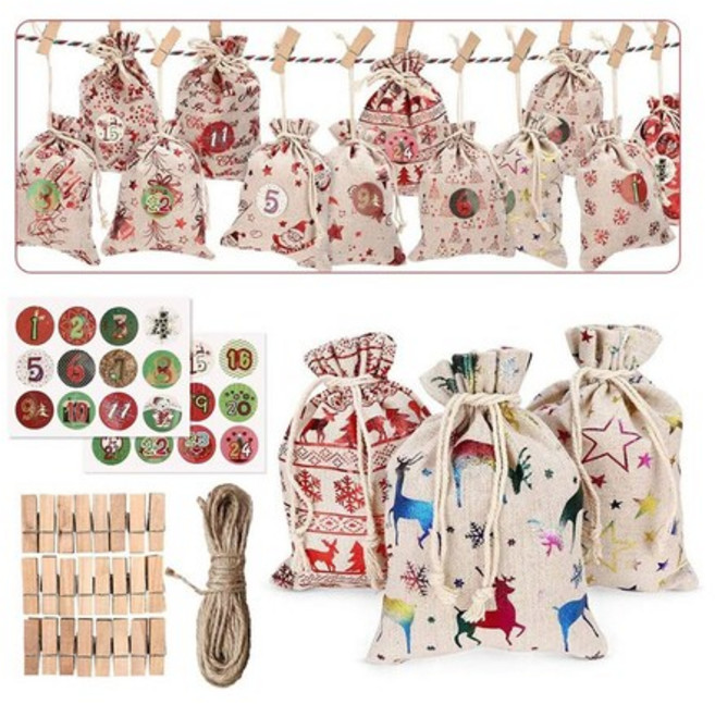PartyBloom 크리스마스 어드벤트 캘린더 린넨 선물 주머니 파우치 헴프 로프