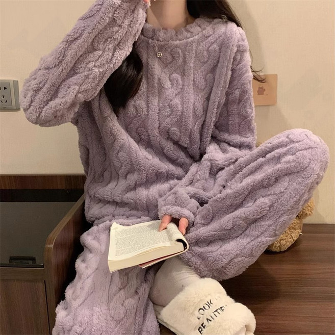 韓版寬鬆保暖珊瑚絨提花睡衣冬季加絨外穿家居服套裝女