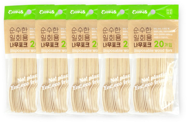 순수한 일회용나무포크20개입 5개 우드포크 일회용포크 포크 일회용 위생포크 도시락 야유회, 혼합색상, 1개, 1개입