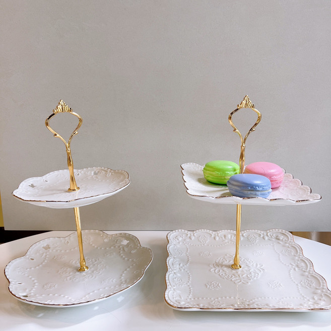 허니상점 2단 케이크 스탠드 도자기 골드라인 디저트 트레이 파티용품 홈파티 /2size, 정사각, 1개