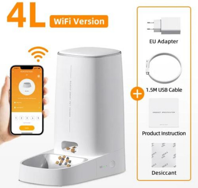 로제코 자동 고양이 급식기 스마트 캣푸드 개 사료 디스펜서 우너격 조작 와이파이 버튼 개용 액세서리, 3) WiFi Single Bowl - 4L, 1개
