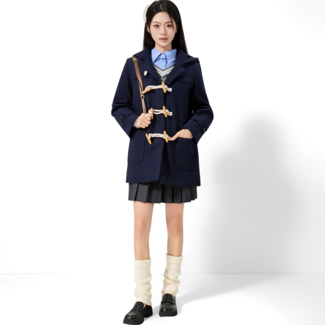 캐주얼 학생 코트 여성 긴팔 크롭 더플 반코트 모직 후드 떡볶이 코트