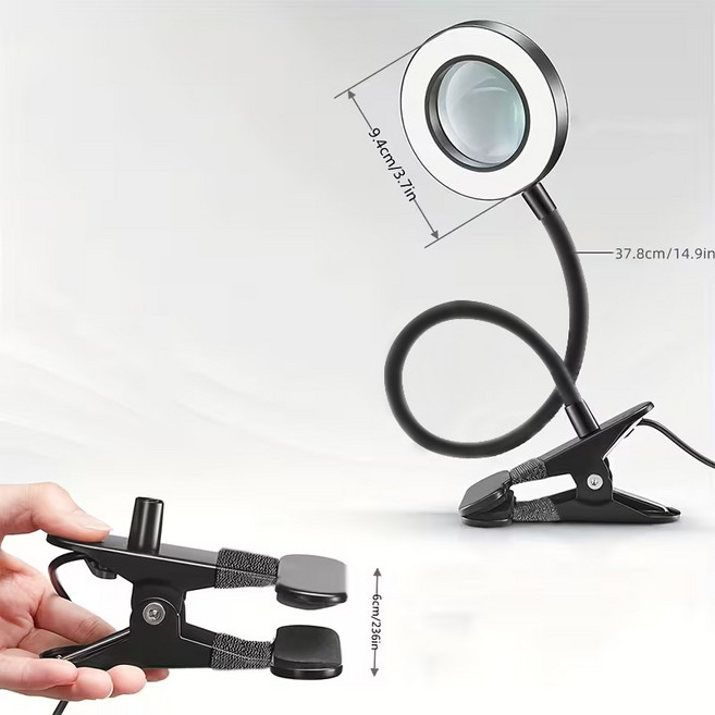 H HNMA HN 리빙스타일 5배 확대경 LED 스탠드 네일 공예 학생 독서등 봄맞이 선물 근로자의 날 하마확대경 클립 조명 스탠드 돋보기 집게형 돋보기 돋보기, 1개, 검정색