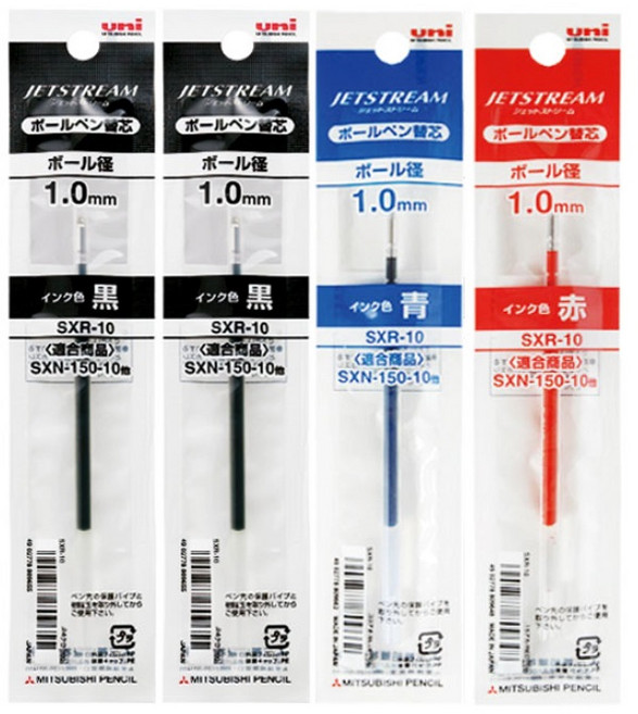 더주니 유니 제트스트림 볼펜 리필 1.0mm 단색 전용 리필심 SXR-10, 1개, 1.0 4개 세트 (블랙2+블루1+레드1)