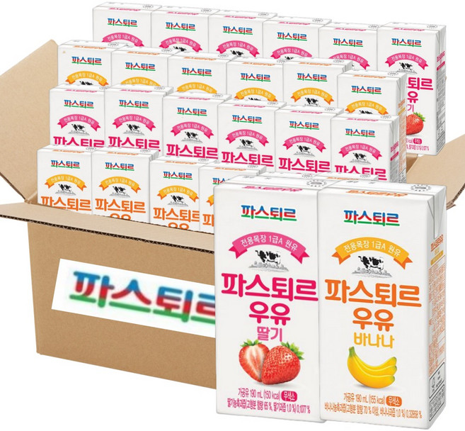 파스퇴르 전용목장 멸균우유 190ml 혼합2종 총24입( 딸기우유 12입 + 바나나우유 12입), 24개