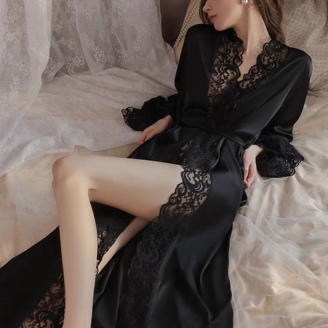 Vezri 여성용 긴 소매 실크 잠옷 섹시한 레이스 장식 슬립 가운 홈웨어 F88